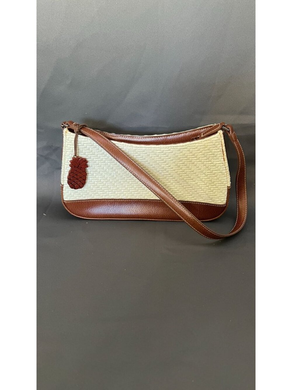 Liz Claiborne Woven Straw & Brown Faux Leather Crossbody Bag With Pineapple Acce